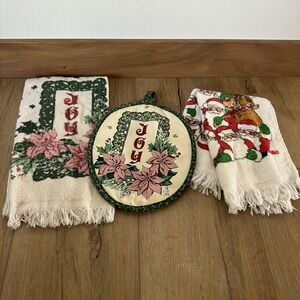Vintage Christmas Linens Kitchen Towels Pot Holder 90's Joy Green Cannon‎
